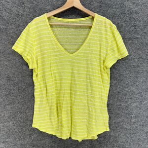 Gap T-Shirt Women M Medium Yellow Striped V-Neck Short Sleeve Linen Casual